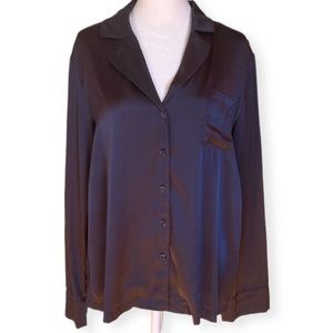 Anthro - Current Air 100% Silk Button Up Top M Navy Blue